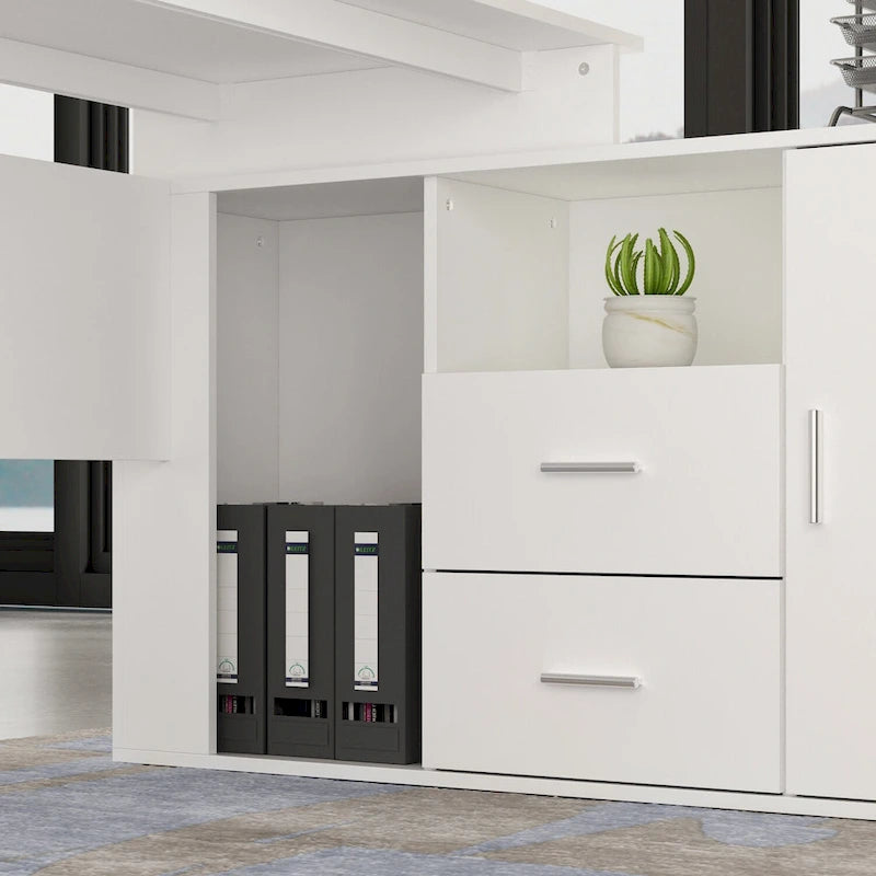 Bureau d'ordinateur de bureau en L avec tiroirs et étagères
