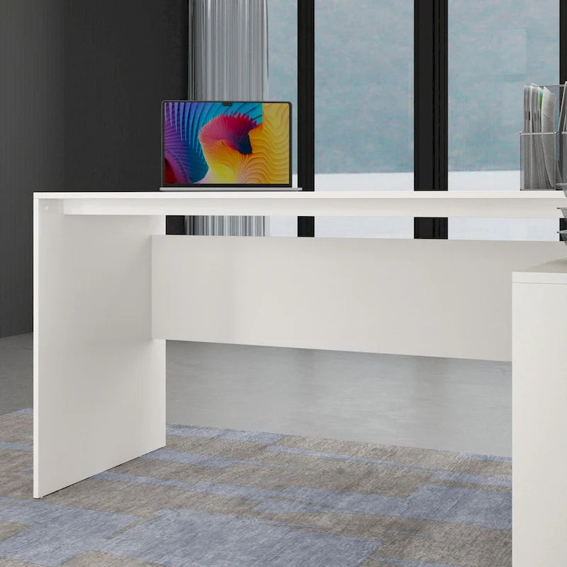 Bureau d'ordinateur de bureau en L avec tiroirs et étagères
