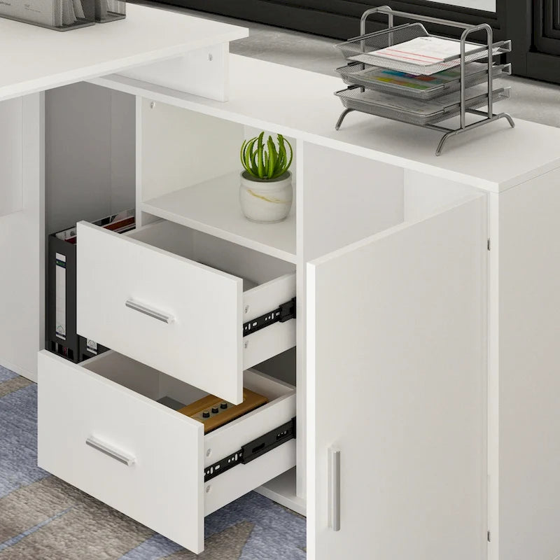 Bureau d'ordinateur de bureau en L avec tiroirs et étagères