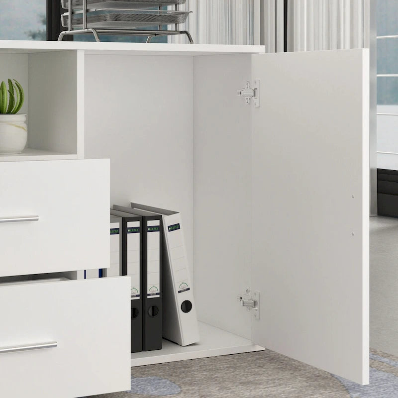 Bureau d'ordinateur de bureau en L avec tiroirs et étagères