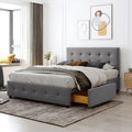 Lit plateforme rembourré Queen avec 4 tiroirs et tête de lit design classique, cadre de lit en tissu de lin