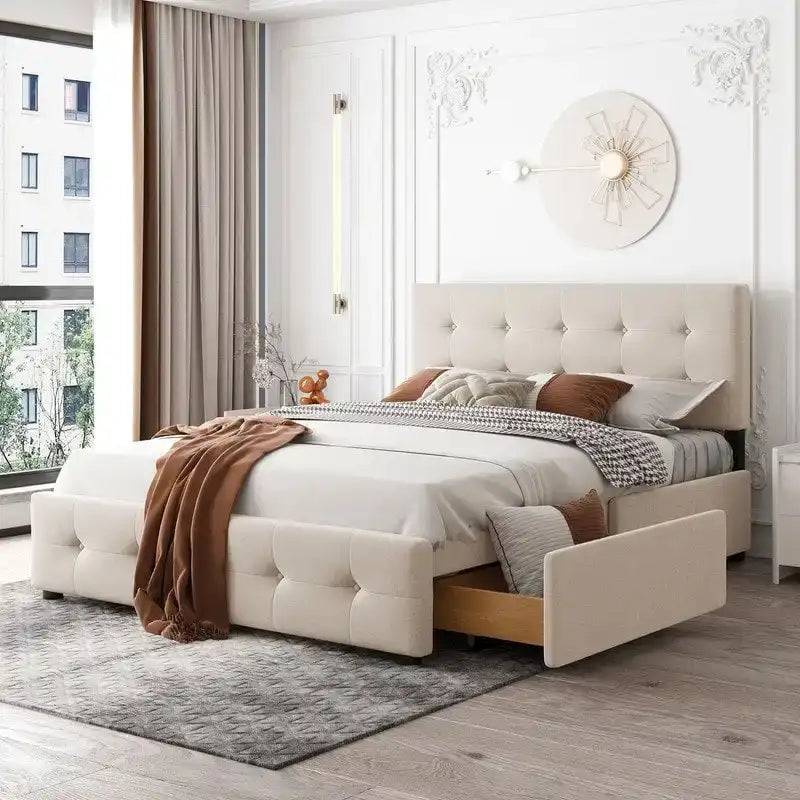 Lit plateforme rembourré Queen avec 4 tiroirs et tête de lit design classique, cadre de lit en tissu de lin