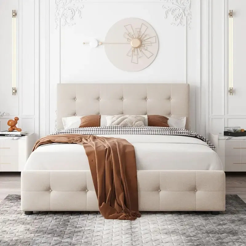 Lit plateforme rembourré Queen avec 4 tiroirs et tête de lit design classique, cadre de lit en tissu de lin