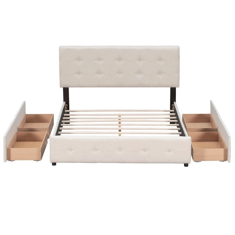 Lit plateforme rembourré Queen avec 4 tiroirs et tête de lit design classique, cadre de lit en tissu de lin