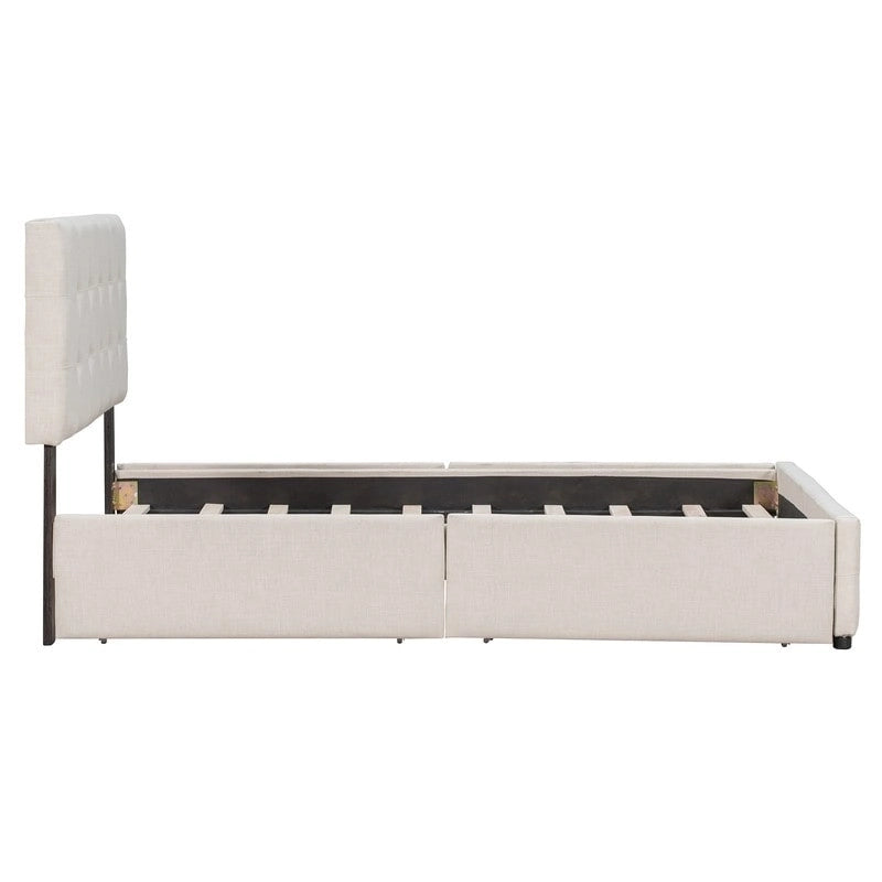 Lit plateforme rembourré Queen avec 4 tiroirs et tête de lit design classique, cadre de lit en tissu de lin