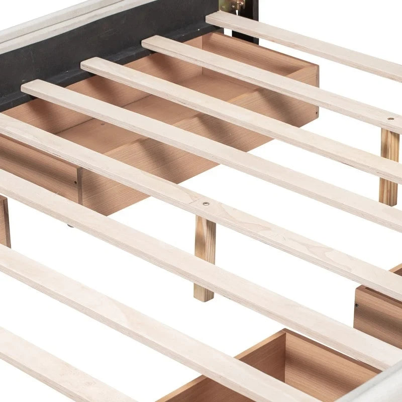 Lit plateforme rembourré Queen avec 4 tiroirs et tête de lit design classique, cadre de lit en tissu de lin