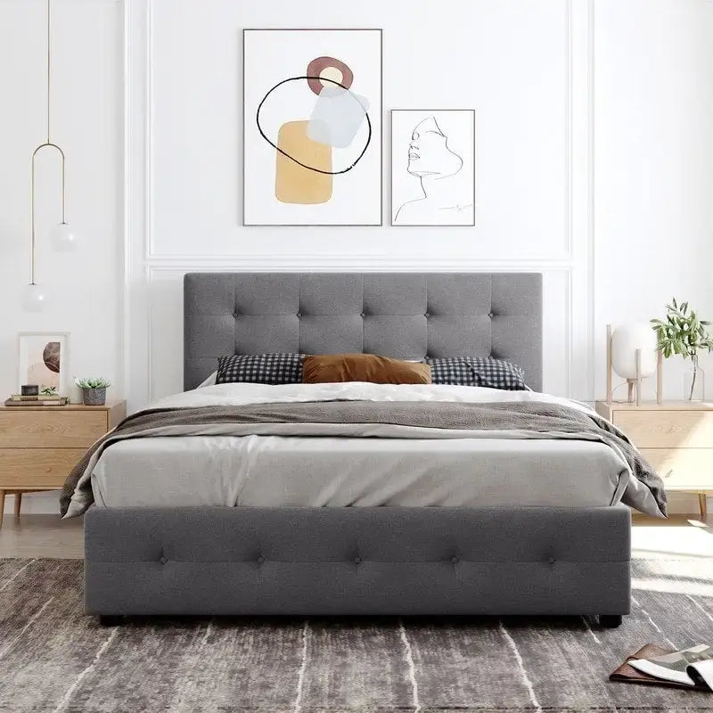 Lit plateforme rembourré Queen avec 4 tiroirs et tête de lit design classique, cadre de lit en tissu de lin