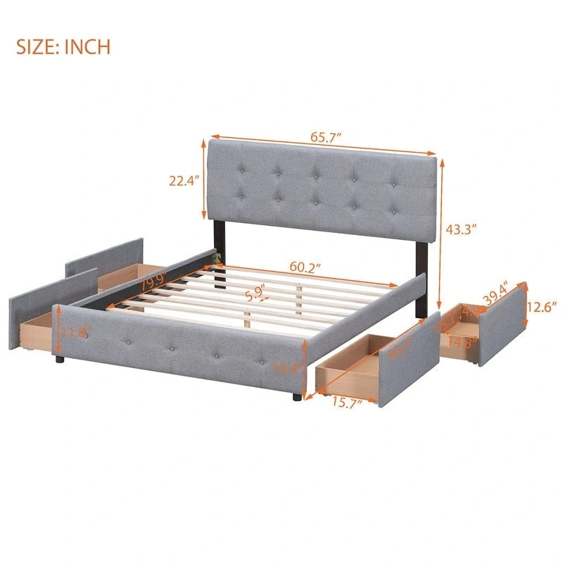 Lit plateforme rembourré Queen avec 4 tiroirs et tête de lit design classique, cadre de lit en tissu de lin