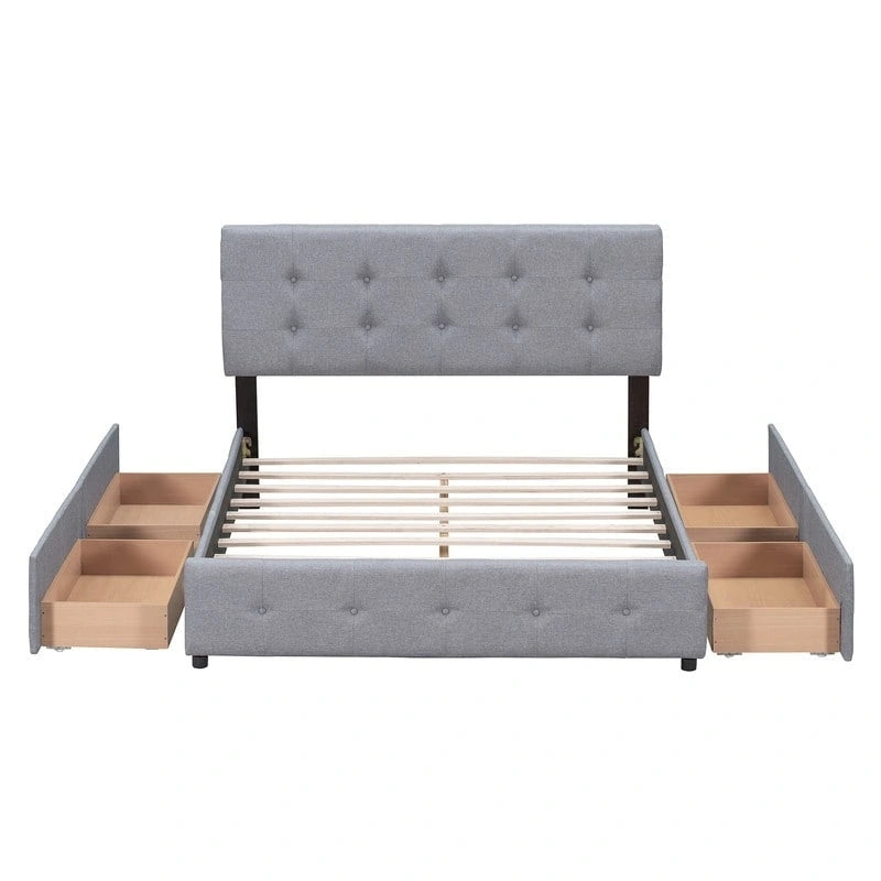 Lit plateforme rembourré Queen avec 4 tiroirs et tête de lit design classique, cadre de lit en tissu de lin
