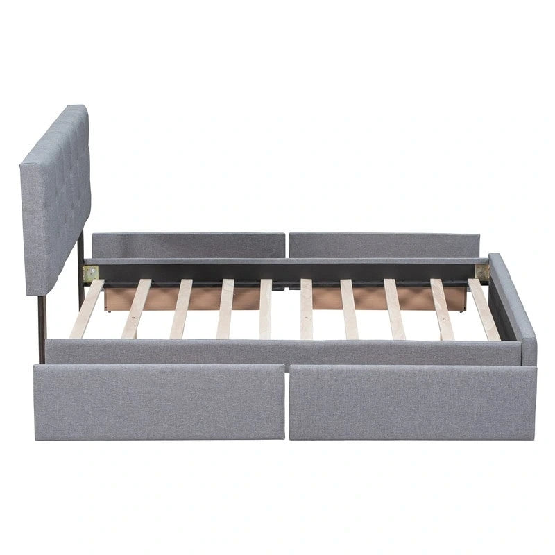 Lit plateforme rembourré Queen avec 4 tiroirs et tête de lit design classique, cadre de lit en tissu de lin