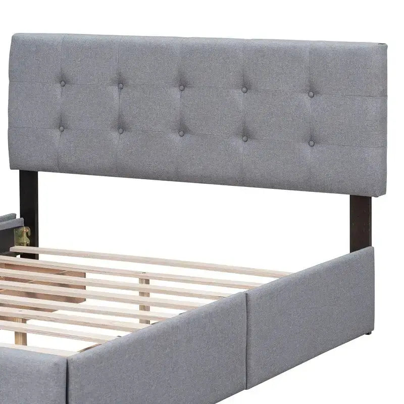 Lit plateforme rembourré Queen avec 4 tiroirs et tête de lit design classique, cadre de lit en tissu de lin