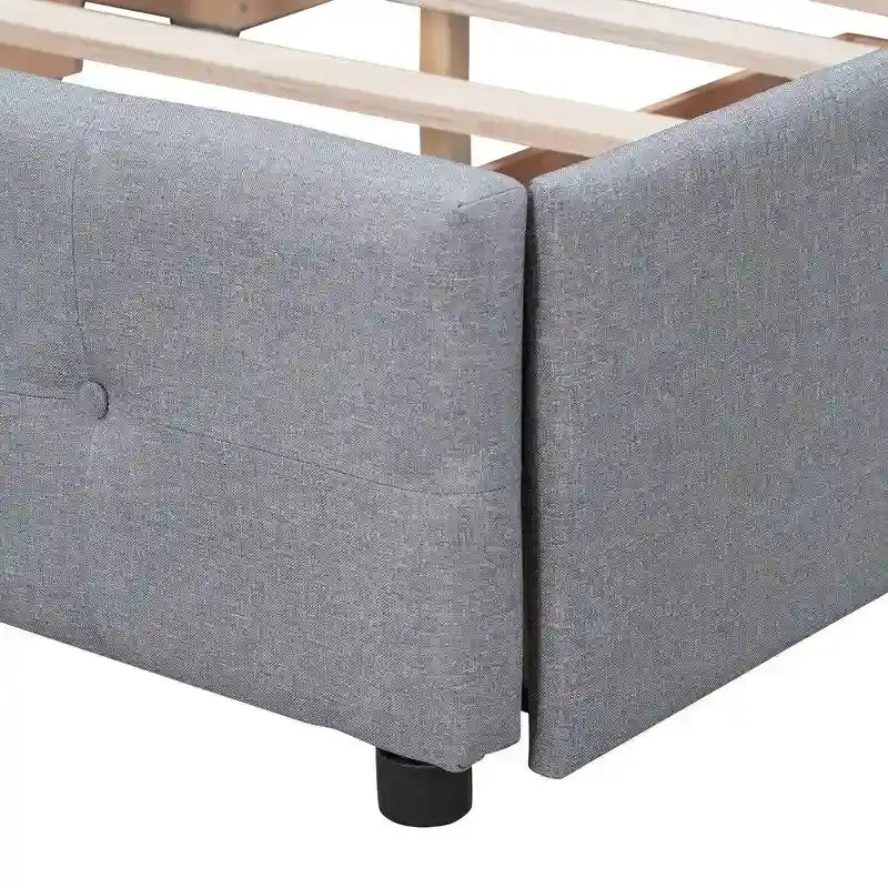 Lit plateforme rembourré Queen avec 4 tiroirs et tête de lit design classique, cadre de lit en tissu de lin