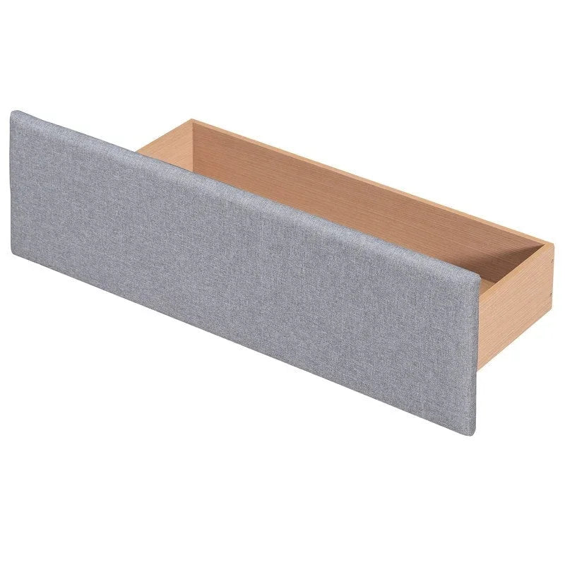 Lit plateforme rembourré Queen avec 4 tiroirs et tête de lit design classique, cadre de lit en tissu de lin