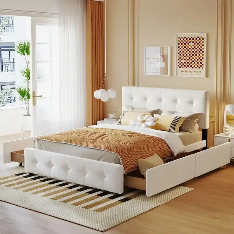 Lit plateforme rembourré Queen avec 4 tiroirs et tête de lit design classique, cadre de lit en tissu de lin