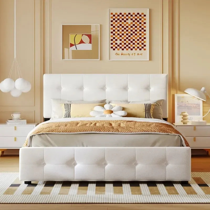 Lit plateforme rembourré Queen avec 4 tiroirs et tête de lit design classique, cadre de lit en tissu de lin