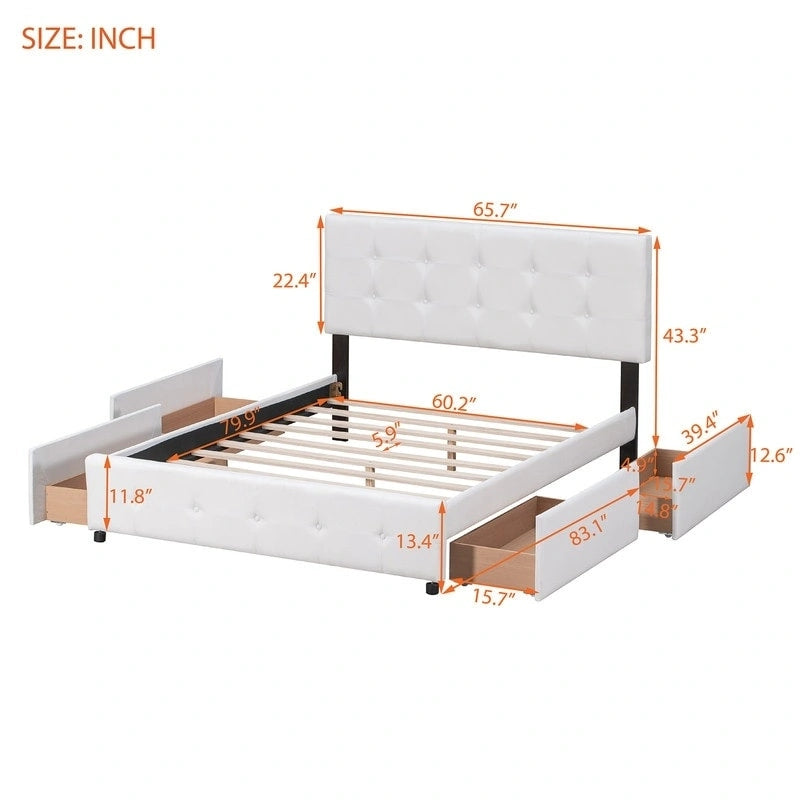 Lit plateforme rembourré Queen avec 4 tiroirs et tête de lit design classique, cadre de lit en tissu de lin