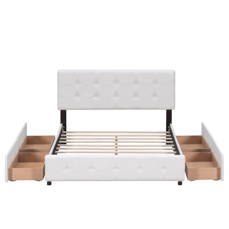 Lit plateforme rembourré Queen avec 4 tiroirs et tête de lit design classique, cadre de lit en tissu de lin