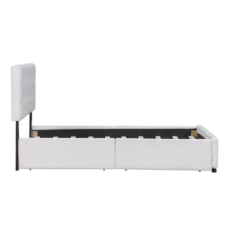 Lit plateforme rembourré Queen avec 4 tiroirs et tête de lit design classique, cadre de lit en tissu de lin