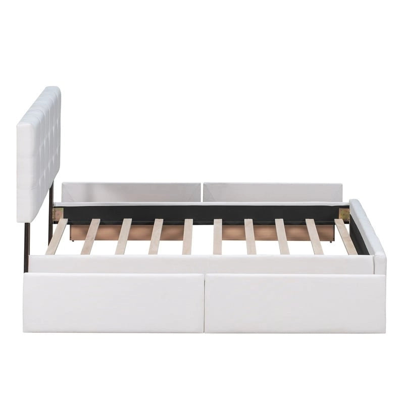 Lit plateforme rembourré Queen avec 4 tiroirs et tête de lit design classique, cadre de lit en tissu de lin
