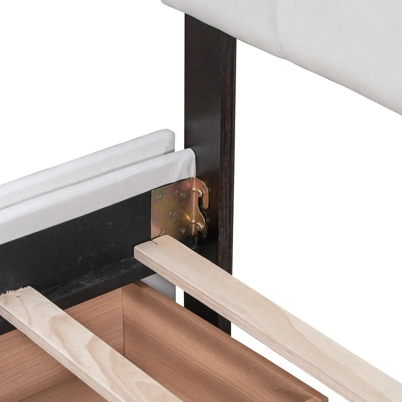 Lit plateforme rembourré Queen avec 4 tiroirs et tête de lit design classique, cadre de lit en tissu de lin