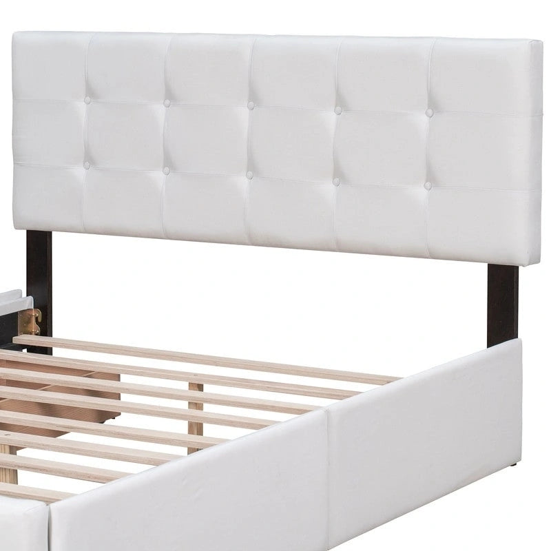 Lit plateforme rembourré Queen avec 4 tiroirs et tête de lit design classique, cadre de lit en tissu de lin
