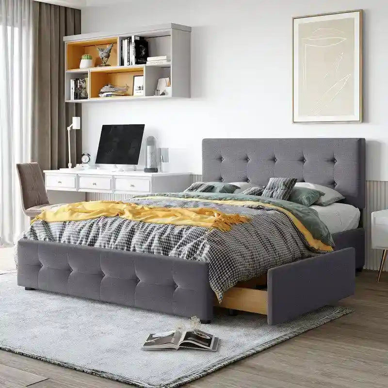 Lit plateforme rembourré Queen avec 4 tiroirs et tête de lit design classique, cadre de lit en tissu de lin