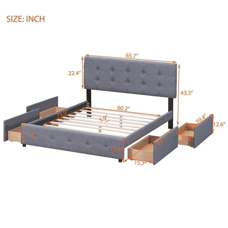 Lit plateforme rembourré Queen avec 4 tiroirs et tête de lit design classique, cadre de lit en tissu de lin