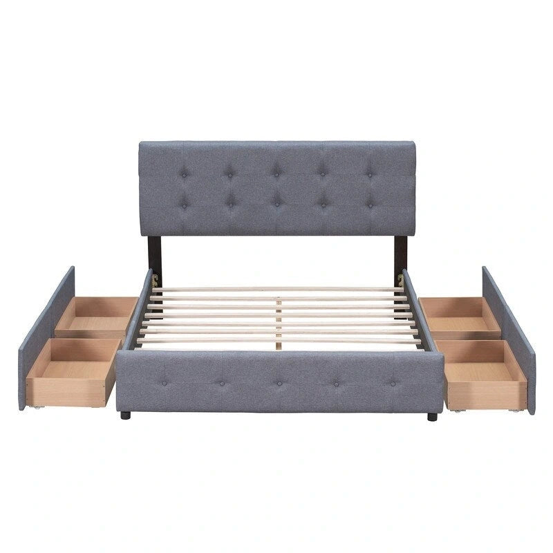 Lit plateforme rembourré Queen avec 4 tiroirs et tête de lit design classique, cadre de lit en tissu de lin