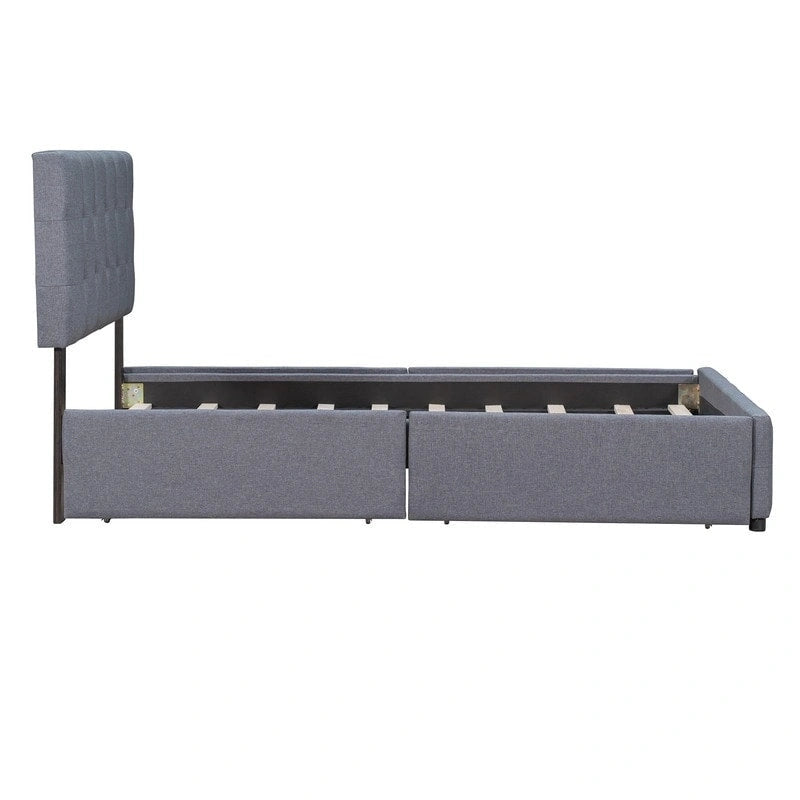 Lit plateforme rembourré Queen avec 4 tiroirs et tête de lit design classique, cadre de lit en tissu de lin