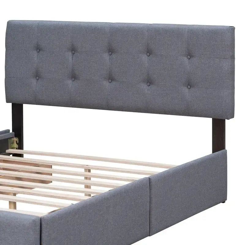 Lit plateforme rembourré Queen avec 4 tiroirs et tête de lit design classique, cadre de lit en tissu de lin
