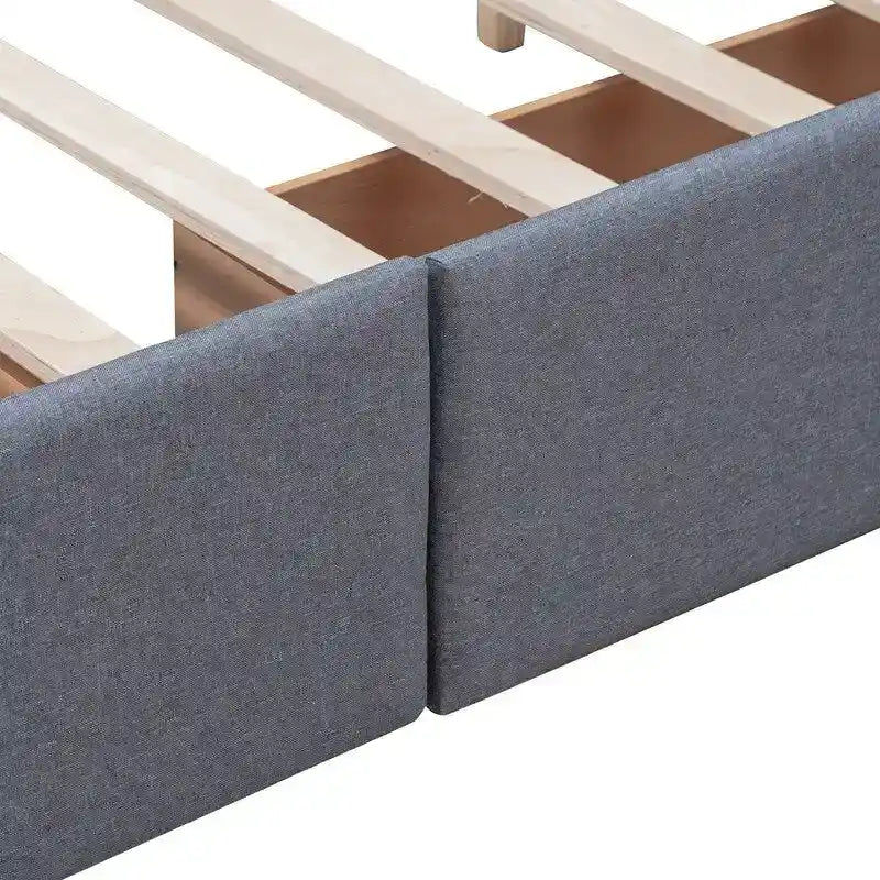 Lit plateforme rembourré Queen avec 4 tiroirs et tête de lit design classique, cadre de lit en tissu de lin