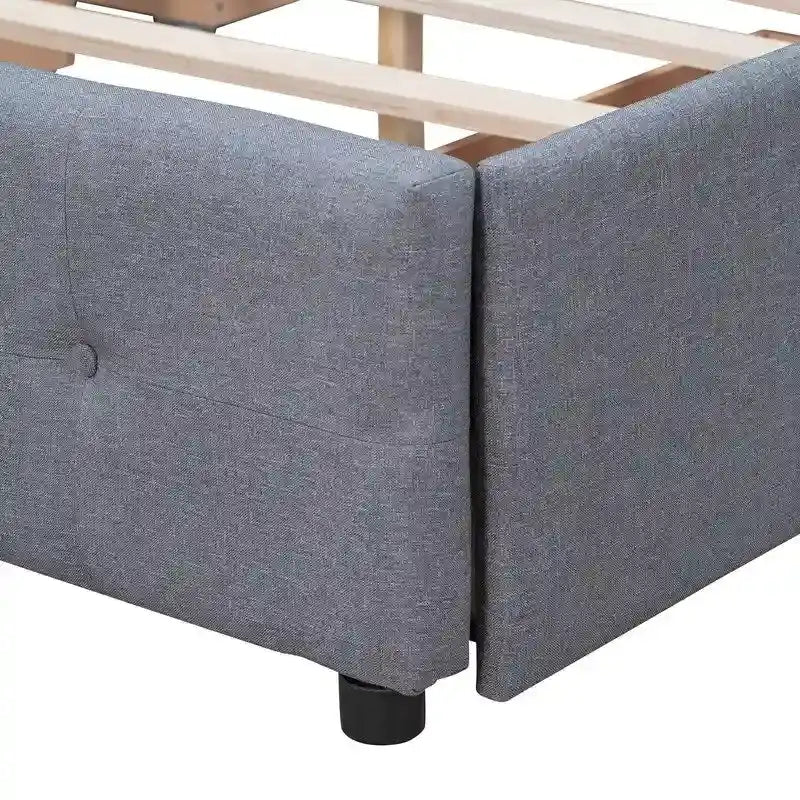 Lit plateforme rembourré Queen avec 4 tiroirs et tête de lit design classique, cadre de lit en tissu de lin