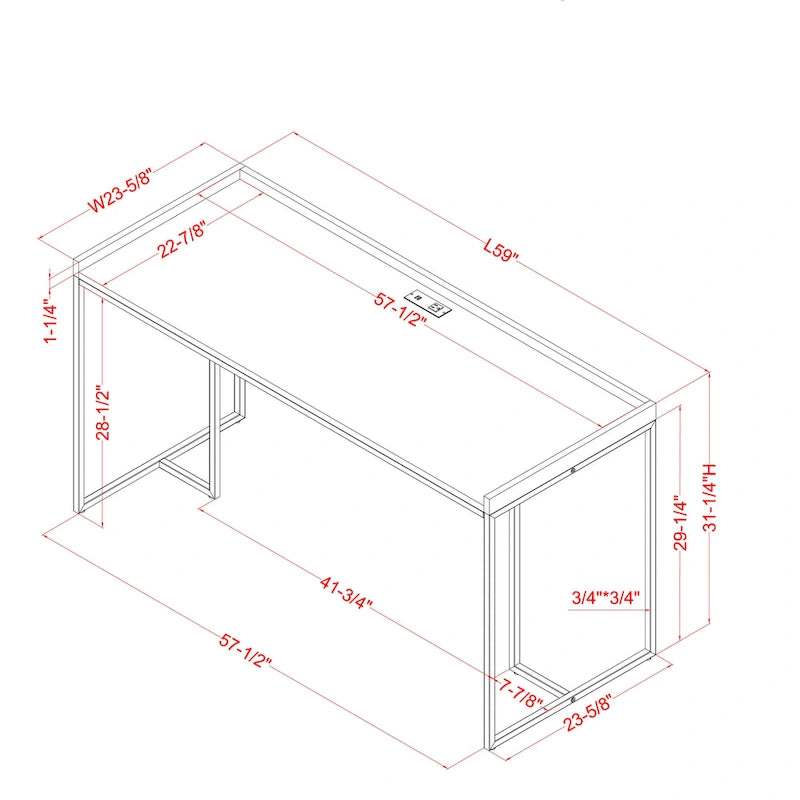 Bureau d'ordinateur métallique de 59 pouces avec ports USB