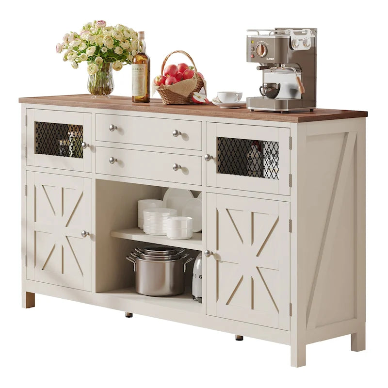 Buffet de ferme avec rangement, bahut à 2 tiroirs pour cuisine ou salle à manger