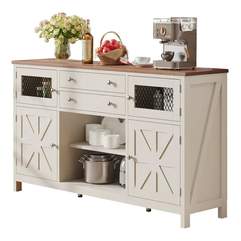 Buffet de ferme avec rangement, bahut à 2 tiroirs pour cuisine ou salle à manger