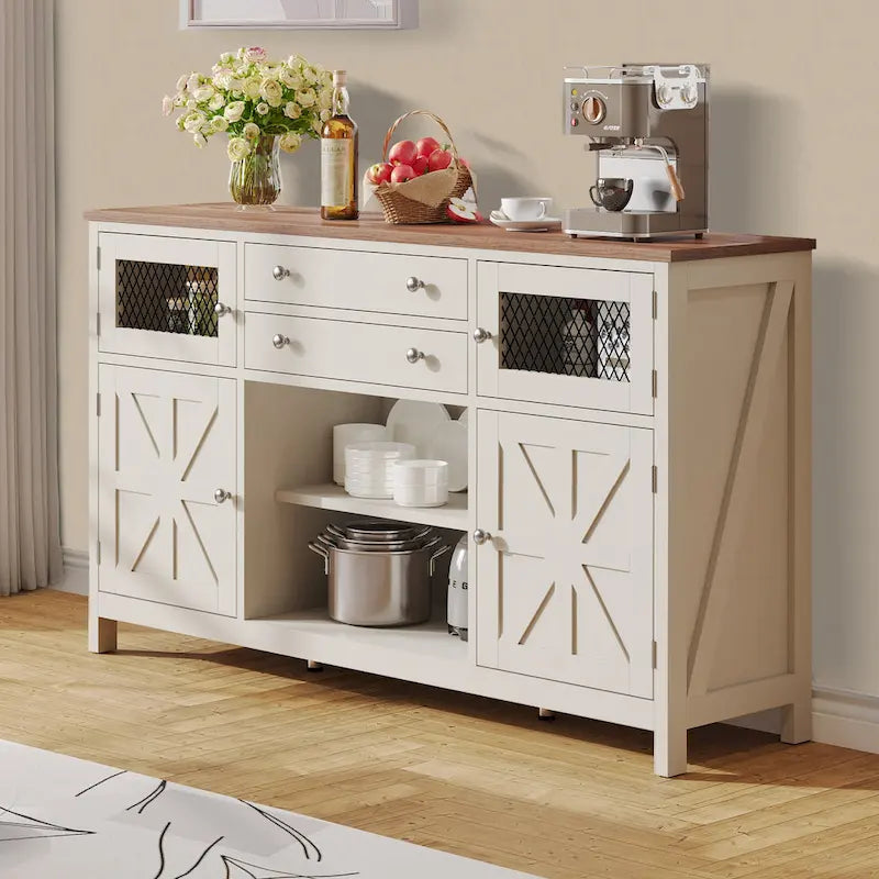 Buffet de ferme avec rangement, bahut à 2 tiroirs pour cuisine ou salle à manger