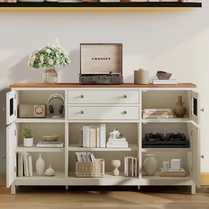 Buffet de ferme avec rangement, bahut à 2 tiroirs pour cuisine ou salle à manger