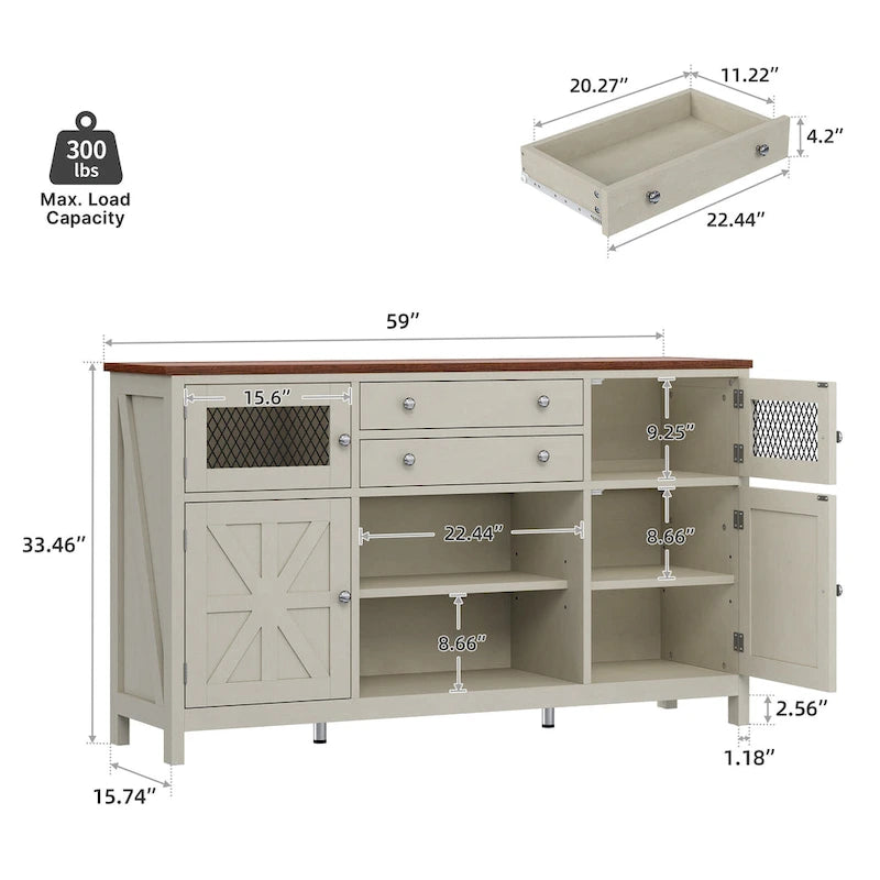 Buffet de ferme avec rangement, bahut à 2 tiroirs pour cuisine ou salle à manger