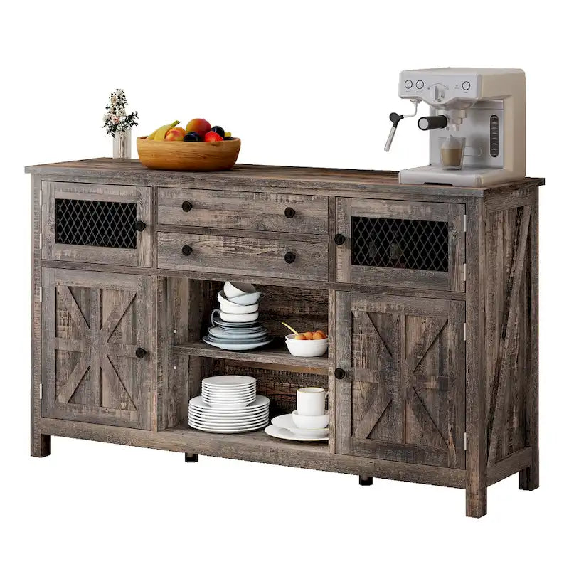 Buffet de ferme avec rangement, bahut à 2 tiroirs pour cuisine ou salle à manger