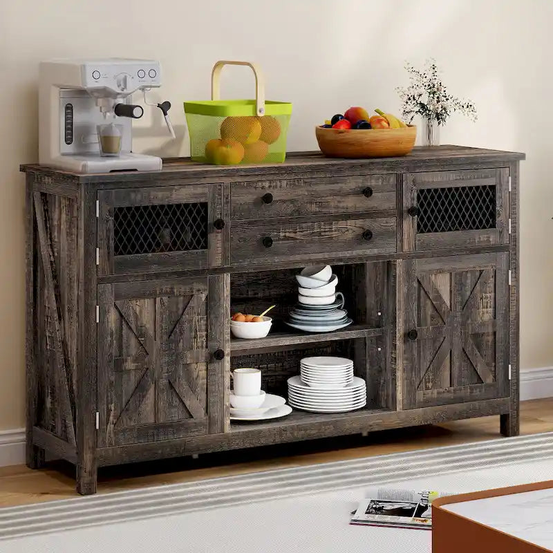 Buffet de ferme avec rangement, bahut à 2 tiroirs pour cuisine ou salle à manger