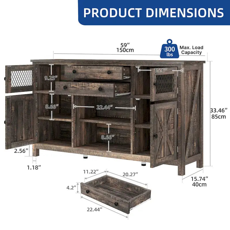 Buffet de ferme avec rangement, bahut à 2 tiroirs pour cuisine ou salle à manger
