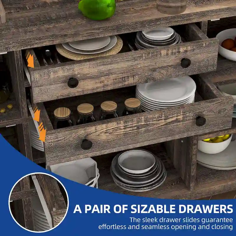 Buffet de ferme avec rangement, bahut à 2 tiroirs pour cuisine ou salle à manger