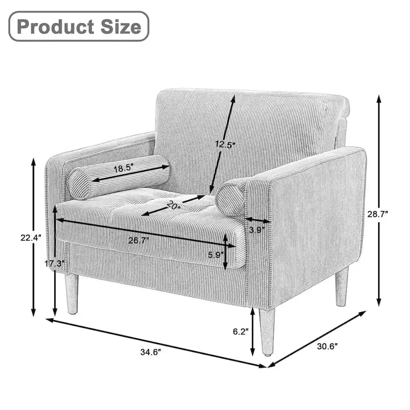Fauteuil d'appoint large en velours côtelé moderne avec oreillers