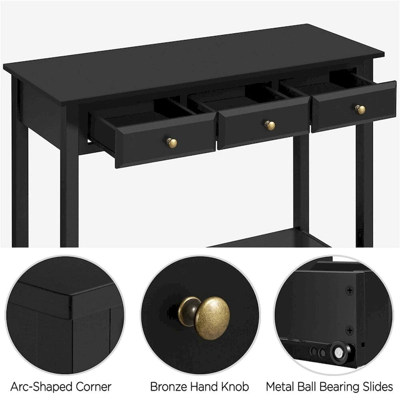 Table console 3 tiroirs avec étagère de rangement