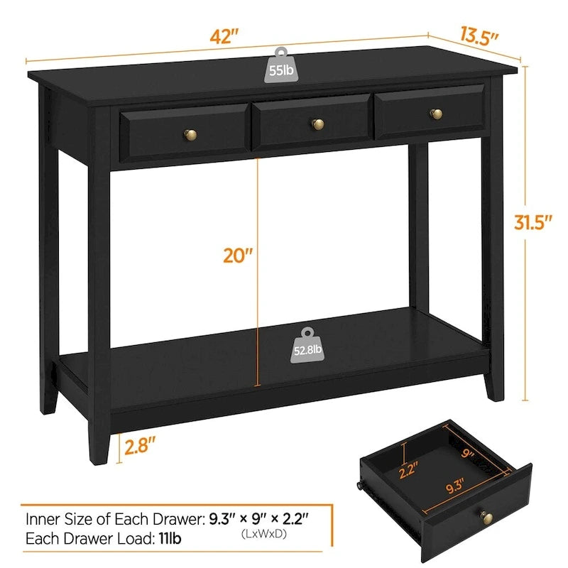 Table console 3 tiroirs avec étagère de rangement