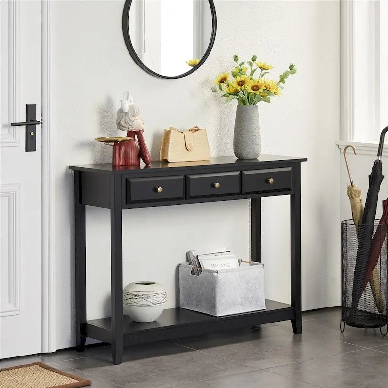 Table console 3 tiroirs avec étagère de rangement