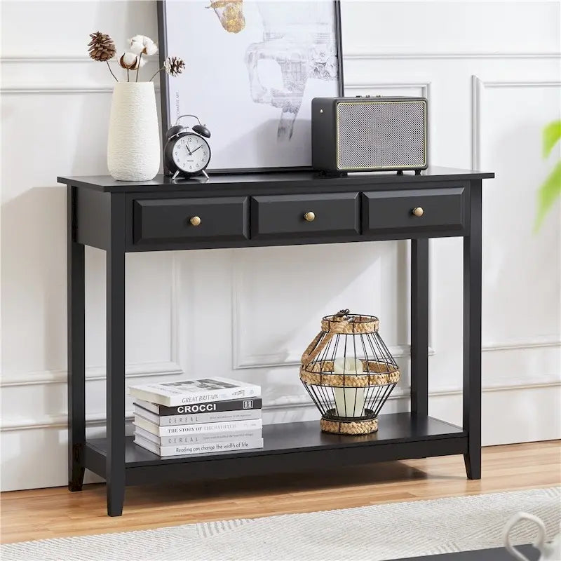Table console 3 tiroirs avec étagère de rangement
