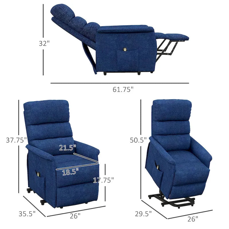 Fauteuil inclinable électrique pour personnes âgées, assemblage facile, fauteuil releveur en tissu avec télécommande, poches latérales pour salon