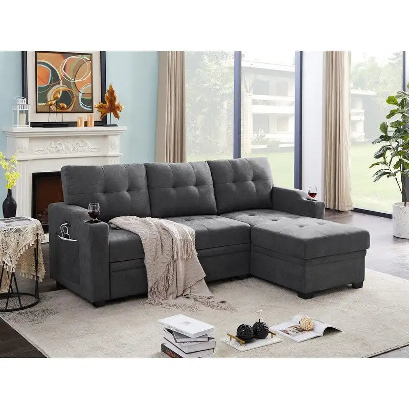 Canapé-lit d'angle en tissu tissé gris foncé avec porte-gobelets, ports de charge USB et poches