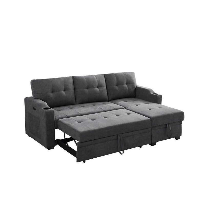 Canapé-lit d'angle en tissu tissé gris foncé avec porte-gobelets, ports de charge USB et poches